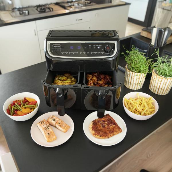 Dual Zone Doppelkorb Heissluft Fritteuse, Air Fryer mit 2 Körben, 9 Liter, 2400 Watt, 12 Programme, 2 Grill Roste, Display, Zeitschaltuhr, PFAS-frei