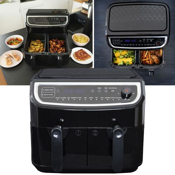 Dual Zone Doppelkorb Heissluft Fritteuse, Air Fryer mit 2 Körben, 9 Liter, 2400 Watt, 12 Programme, 2 Grill Roste, Display, Zeitschaltuhr, PFAS-frei