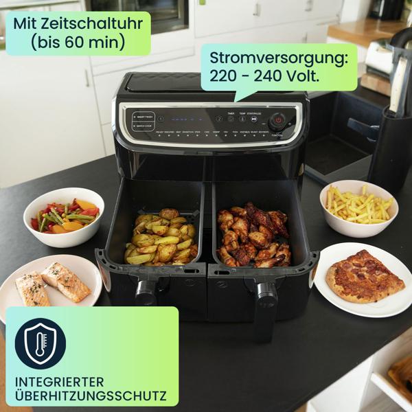 Dual Zone Doppelkorb Heissluft Fritteuse, Air Fryer mit 2 Körben, 9 Liter, 2400 Watt, 12 Programme, 2 Grill Roste, Display, Zeitschaltuhr, PFAS-frei