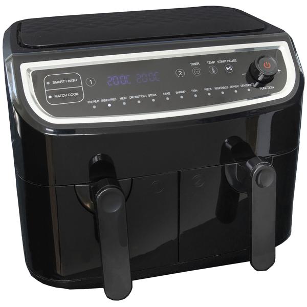 Dual Zone Doppelkorb Heissluft Fritteuse, Air Fryer mit 2 Körben, 9 Liter, 2400 Watt, 12 Programme, 2 Grill Roste, Display, Zeitschaltuhr, PFAS-frei