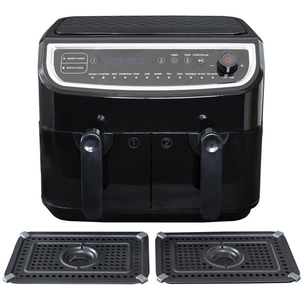 Dual Zone Doppelkorb Heissluft Fritteuse, Air Fryer mit 2 Körben, 9 Liter, 2400 Watt, 12 Programme, 2 Grill Roste, Display, Zeitschaltuhr, PFAS-frei