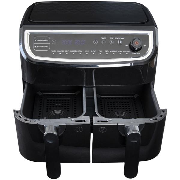 Dual Zone Doppelkorb Heissluft Fritteuse, Air Fryer mit 2 Körben, 9 Liter, 2400 Watt, 12 Programme, 2 Grill Roste, Display, Zeitschaltuhr, PFAS-frei