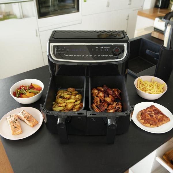 Dual Zone Doppelkorb Heissluft Fritteuse, Air Fryer mit 2 Körben, 9 Liter, 2400 Watt, 12 Programme, 2 Grill Roste, Display, Zeitschaltuhr, PFAS-frei