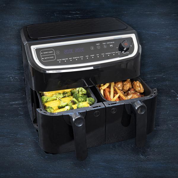 Dual Zone Doppelkorb Heissluft Fritteuse, Air Fryer mit 2 Körben, 9 Liter, 2400 Watt, 12 Programme, 2 Grill Roste, Display, Zeitschaltuhr, PFAS-frei