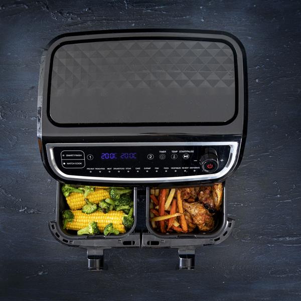 Dual Zone Doppelkorb Heissluft Fritteuse, Air Fryer mit 2 Körben, 9 Liter, 2400 Watt, 12 Programme, 2 Grill Roste, Display, Zeitschaltuhr, PFAS-frei