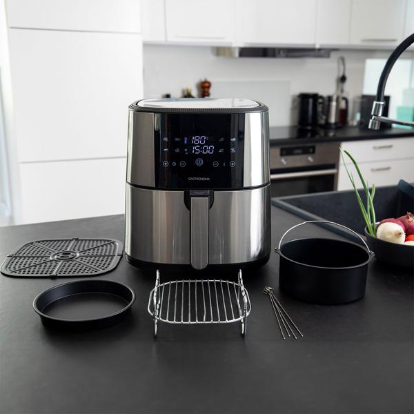 Elegante XL - 8 Liter Heissluftfritteuse: 1800W, Edelstahl, Touch LCD & umfangreiches Zubehör – Knusprige Gerichte, fettarm zubereitet