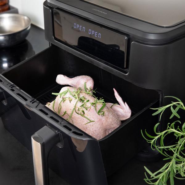 Premium XXL Heissluftfritteuse: 10 Liter, Dual-Zone, trennbarer Doppelkorb, Air Fryer mit Touch-Display, schwarz/silber – Top Leistung 2400 W