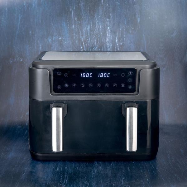 Premium XXL Heissluftfritteuse: 10 Liter, Dual-Zone, trennbarer Doppelkorb, Air Fryer mit Touch-Display, schwarz/silber – Top Leistung 2400 W