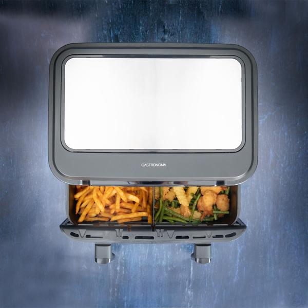 Premium XXL Heissluftfritteuse: 10 Liter, Dual-Zone, trennbarer Doppelkorb, Air Fryer mit Touch-Display, schwarz/silber – Top Leistung 2400 W