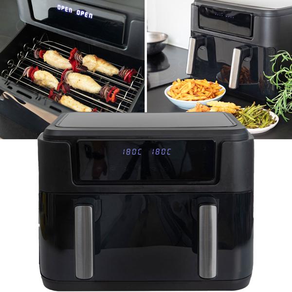 Premium XXL Heissluftfritteuse: 10 Liter, Dual-Zone, trennbarer Doppelkorb, Air Fryer mit Touch-Display, schwarz/silber – Top Leistung 2400 W
