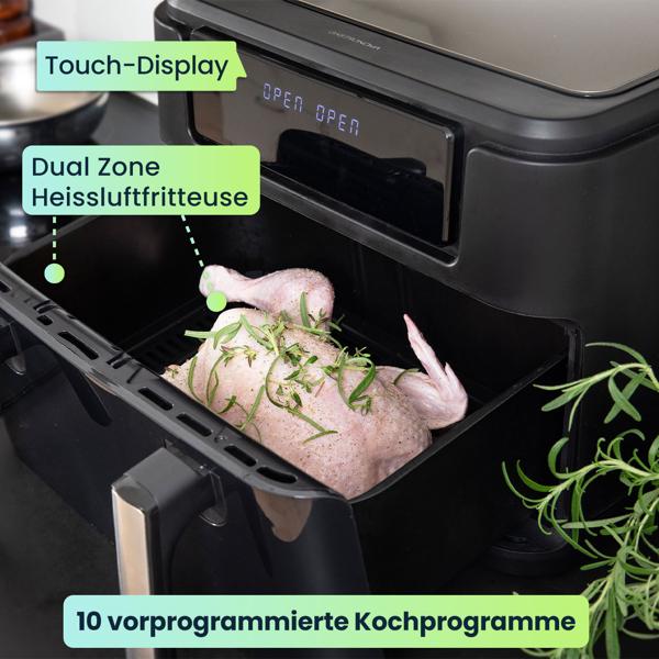 Premium XXL Heissluftfritteuse: 10 Liter, Dual-Zone, trennbarer Doppelkorb, Air Fryer mit Touch-Display, schwarz/silber – Top Leistung 2400 W