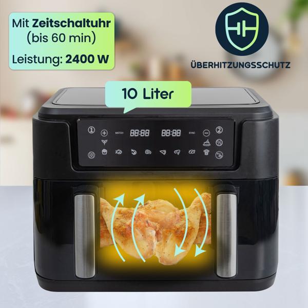 Premium XXL Heissluftfritteuse: 10 Liter, Dual-Zone, trennbarer Doppelkorb, Air Fryer mit Touch-Display, schwarz/silber – Top Leistung 2400 W