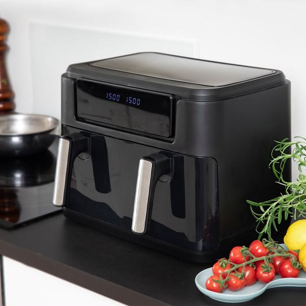 Premium XXL Heissluftfritteuse: 10 Liter, Dual-Zone, trennbarer Doppelkorb, Air Fryer mit Touch-Display, schwarz/silber – Top Leistung 2400 W