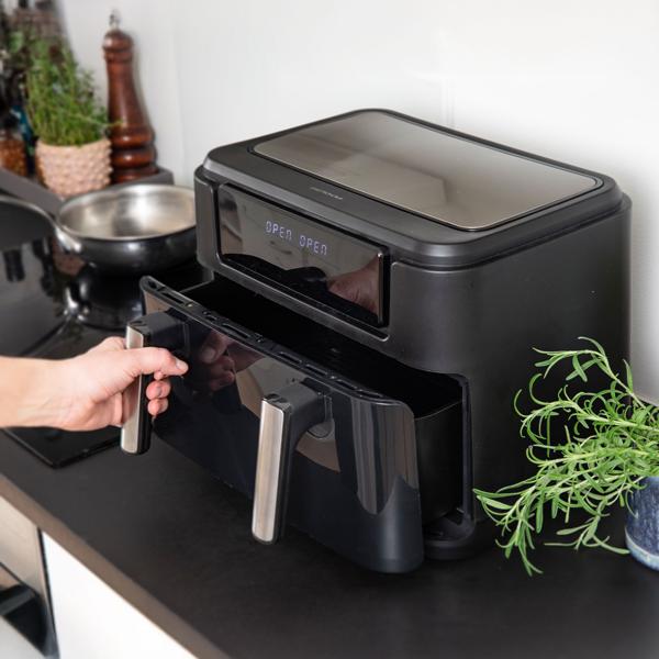 Premium XXL Heissluftfritteuse: 10 Liter, Dual-Zone, trennbarer Doppelkorb, Air Fryer mit Touch-Display, schwarz/silber – Top Leistung 2400 W