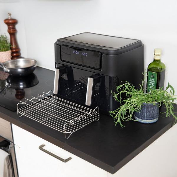 Premium XXL Heissluftfritteuse: 10 Liter, Dual-Zone, trennbarer Doppelkorb, Air Fryer mit Touch-Display, schwarz/silber – Top Leistung 2400 W