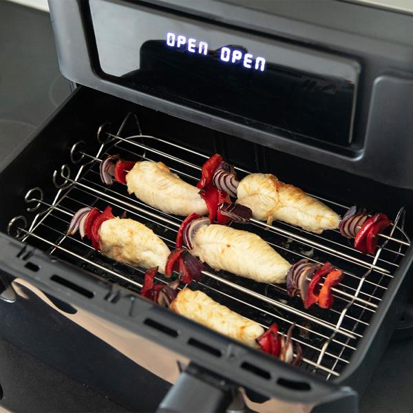 Premium XXL Heissluftfritteuse: 10 Liter, Dual-Zone, trennbarer Doppelkorb, Air Fryer mit Touch-Display, schwarz/silber – Top Leistung 2400 W