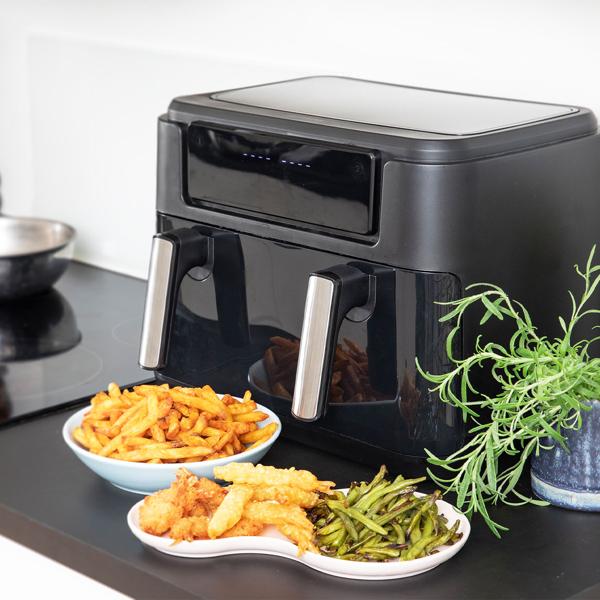 Premium XXL Heissluftfritteuse: 10 Liter, Dual-Zone, trennbarer Doppelkorb, Air Fryer mit Touch-Display, schwarz/silber – Top Leistung 2400 W