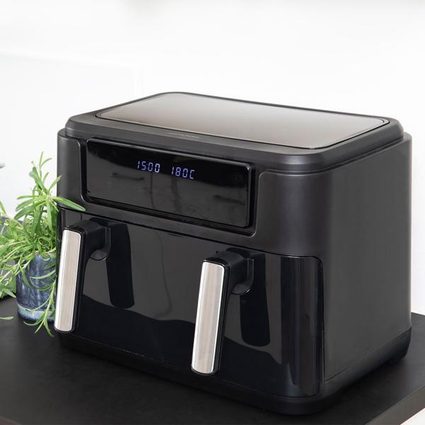 Premium XXL Heissluftfritteuse: 10 Liter, Dual-Zone, trennbarer Doppelkorb, Air Fryer mit Touch-Display, schwarz/silber – Top Leistung 2400 W