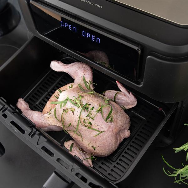 Premium XXL Heissluftfritteuse: 10 Liter, Dual-Zone, trennbarer Doppelkorb, Air Fryer mit Touch-Display, schwarz/silber – Top Leistung 2400 W