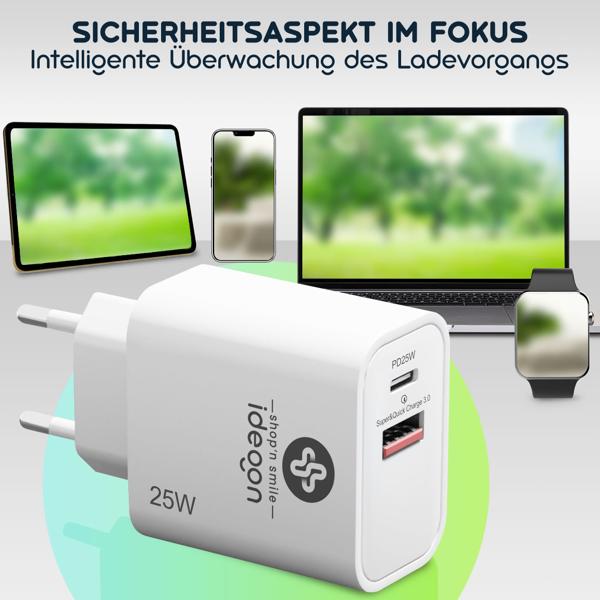 Dual 25Watt USB Ladegerät, 1x USB-C und USB-A, PD- & QC-Netzteil, weiss, Quick Charge für schnelles Laden von iPhone, Samsung, Huawai, Xiaomi