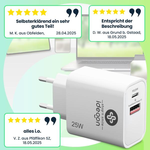 Dual 25Watt USB Ladegerät, 1x USB-C und USB-A, PD- & QC-Netzteil, weiss, Quick Charge für schnelles Laden von iPhone, Samsung, Huawai, Xiaomi