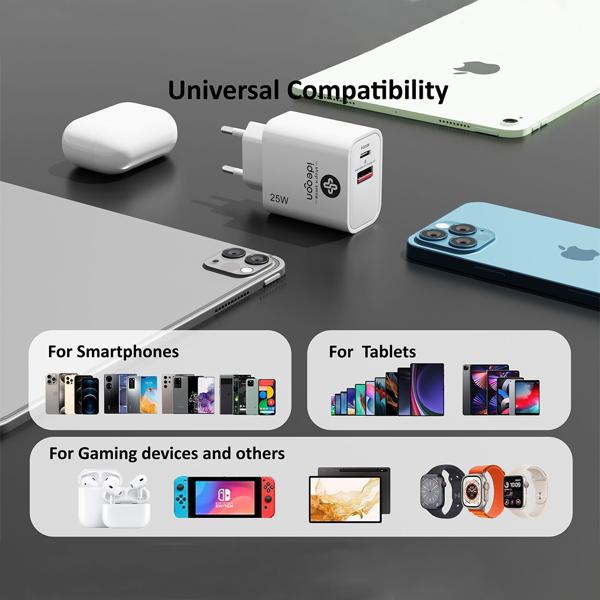 3er-Set Dual 25Watt USB Ladegerät, 1x USB-C und USB-A, PD- & QC-Netzteil, weiss, Quick Charge für schnelles Laden von iPhone, Samsung, Huawai, Xiaomi