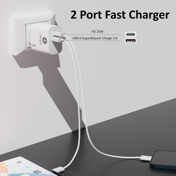 3er-Set Dual 25Watt USB Ladegerät, 1x USB-C und USB-A, PD- & QC-Netzteil, weiss, Quick Charge für schnelles Laden von iPhone, Samsung, Huawai, Xiaomi