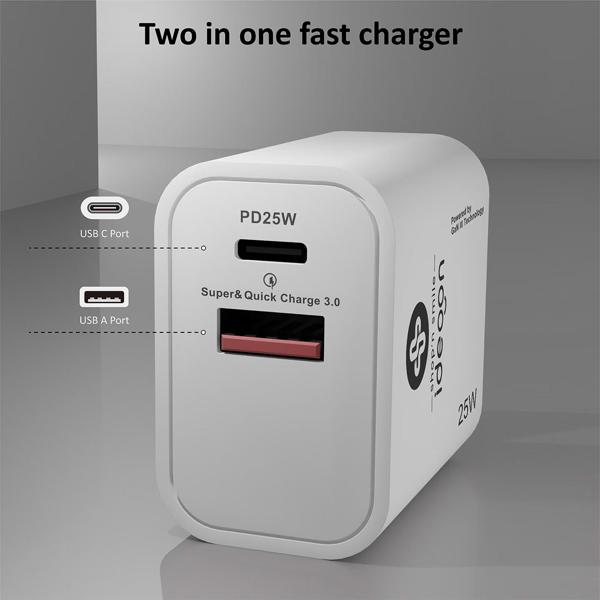 Dual 25Watt USB Ladegerät, 1x USB-C und USB-A, PD- & QC-Netzteil, weiss, Quick Charge für schnelles Laden von iPhone, Samsung, Huawai, Xiaomi
