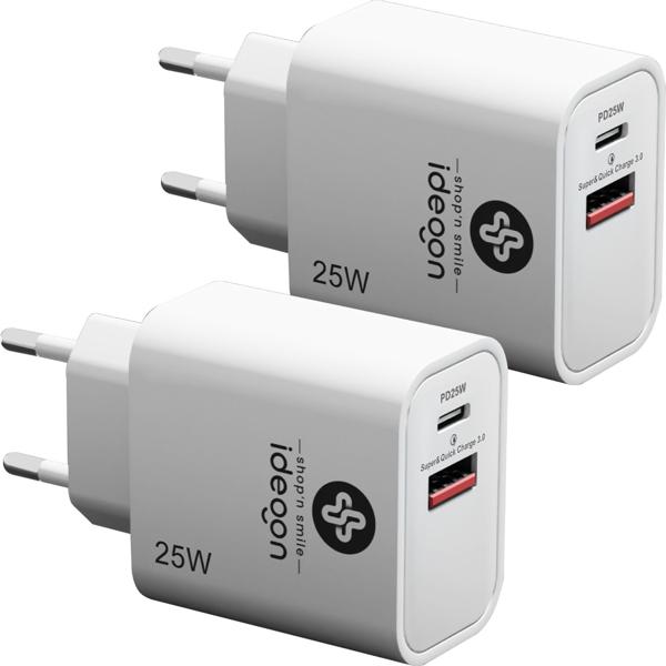 2er-Set Dual 25Watt USB Ladegerät, 1x USB-C und USB-A, PD- & QC-Netzteil, weiss, Quick Charge für schnelles Laden von iPhone, Samsung, Huawai, Xiaomi