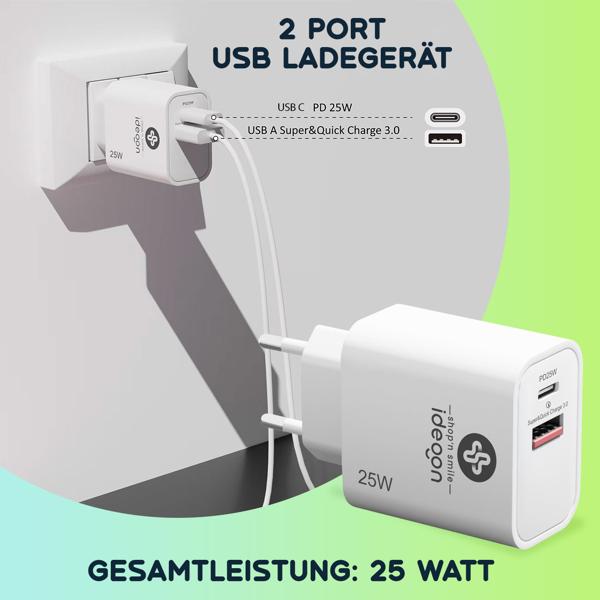 2er-Set Dual 25Watt USB Ladegerät, 1x USB-C und USB-A, PD- & QC-Netzteil, weiss, Quick Charge für schnelles Laden von iPhone, Samsung, Huawai, Xiaomi