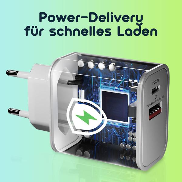 2er-Set Dual 25Watt USB Ladegerät, 1x USB-C und USB-A, PD- & QC-Netzteil, weiss, Quick Charge für schnelles Laden von iPhone, Samsung, Huawai, Xiaomi