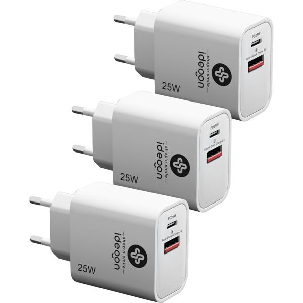 3er-Set Dual 25Watt USB Ladegerät, 1x USB-C und USB-A, PD- & QC-Netzteil, weiss, Quick Charge für schnelles Laden von iPhone, Samsung, Huawai, Xiaomi