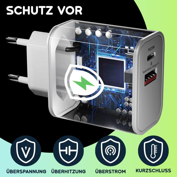 3er-Set Dual 25Watt USB Ladegerät, 1x USB-C und USB-A, PD- & QC-Netzteil, weiss, Quick Charge für schnelles Laden von iPhone, Samsung, Huawai, Xiaomi