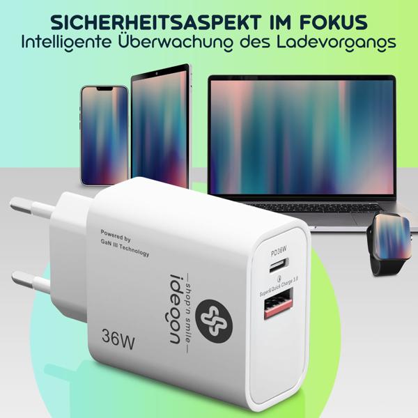 Dual 36Watt USB Ladegerät, 1x USB-C und USB-A, PD- & QC-Netzteil, weiss, GaN III, schnelles Laden von iPhone, ipad, Samsung, Huawai, Xiaomi