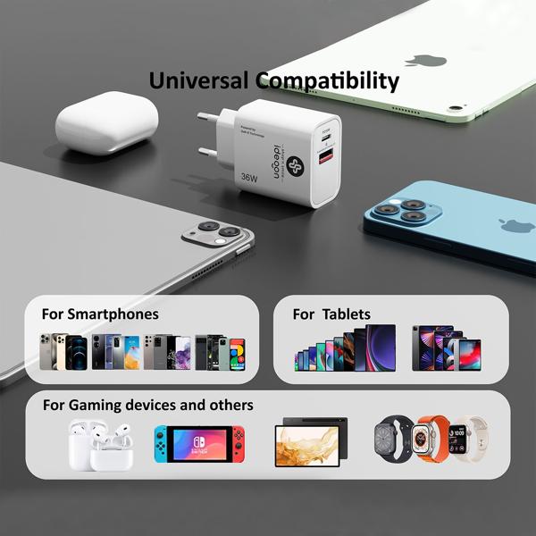 3er-Set Dual 36Watt USB Ladegerät, 1x USB-C und USB-A, PD- & QC-Netzteil, weiss, GaN III, schnelles Laden von iPhone, Samsung, Huawai, Xiaomi