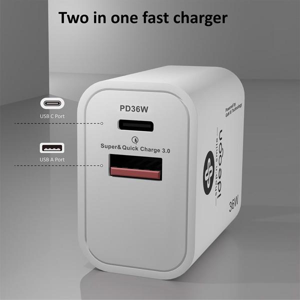 2er-Set Dual 36Watt USB Ladegerät, 1x USB-C und USB-A, PD- & QC-Netzteil, weiss, GaN III, schnelles Laden von iPhone, Samsung, Huawai, Xiaomi