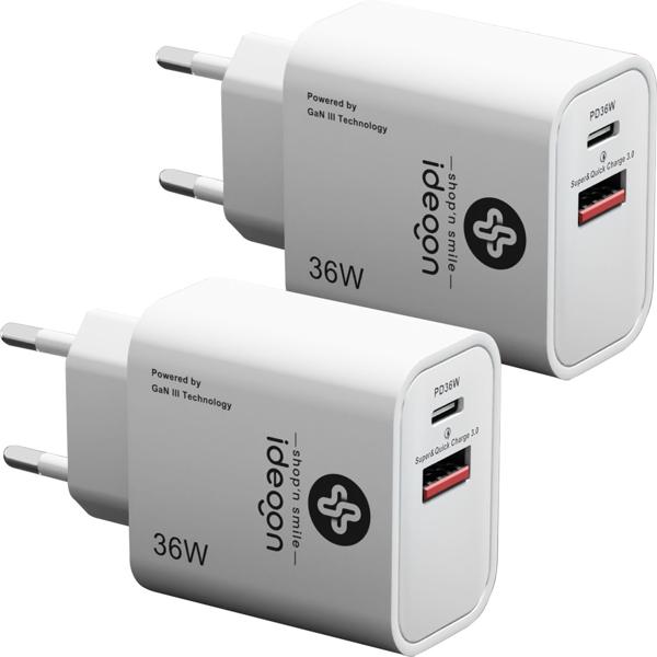 2er-Set Dual 36Watt USB Ladegerät, 1x USB-C und USB-A, PD- & QC-Netzteil, weiss, GaN III, schnelles Laden von iPhone, Samsung, Huawai, Xiaomi