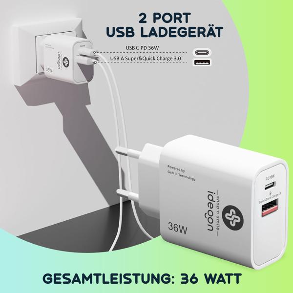 2er-Set Dual 36Watt USB Ladegerät, 1x USB-C und USB-A, PD- & QC-Netzteil, weiss, GaN III, schnelles Laden von iPhone, Samsung, Huawai, Xiaomi