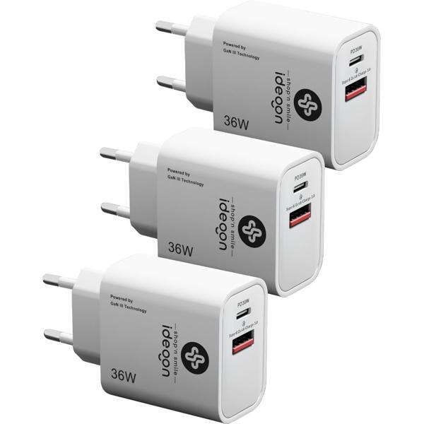 3er-Set Dual 36Watt USB Ladegerät, 1x USB-C und USB-A, PD- & QC-Netzteil, weiss, GaN III, schnelles Laden von iPhone, Samsung, Huawai, Xiaomi