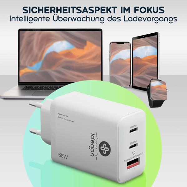 Leistungsstarkes USB Ladegerät, 3 Ports, 65Watt, 2x USB-C und 1x USB-A, PD- & QC-Netzteil, weiss, GaN III, für Smartphones, Notebooks, MacBook & Tablets