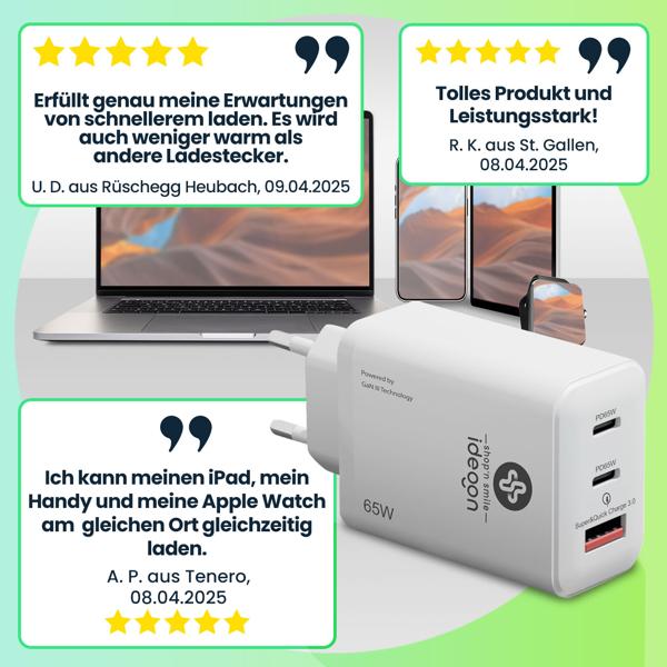 Leistungsstarkes USB Ladegerät, 3 Ports, 65Watt, 2x USB-C und 1x USB-A, PD- & QC-Netzteil, weiss, GaN III, für Smartphones, Notebooks, MacBook & Tablets