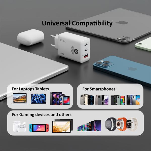 2er-Set USB Ladegerät, 3 Ports, 65Watt, 2x USB-C und 1x USB-A, PD- & QC-Netzteil, weiss, GaN III, für Smartphones, Notebooks, MacBook & Tablets