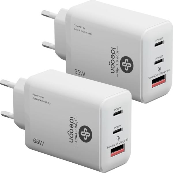 2er-Set USB Ladegerät, 3 Ports, 65Watt, 2x USB-C und 1x USB-A, PD- & QC-Netzteil, weiss, GaN III, für Smartphones, Notebooks, MacBook & Tablets