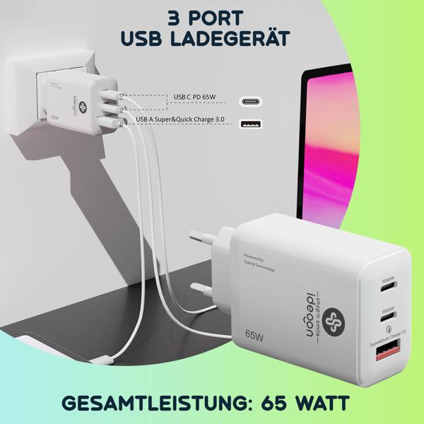 2er-Set USB Ladegerät, 3 Ports, 65Watt, 2x USB-C und 1x USB-A, PD- & QC-Netzteil, weiss, GaN III, für Smartphones, Notebooks, MacBook & Tablets