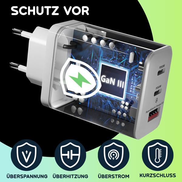 2er-Set USB Ladegerät, 3 Ports, 65Watt, 2x USB-C und 1x USB-A, PD- & QC-Netzteil, weiss, GaN III, für Smartphones, Notebooks, MacBook & Tablets