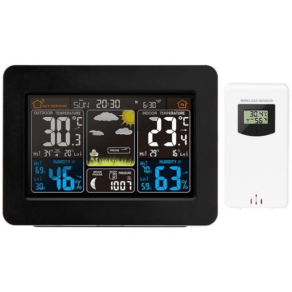 Funk-Wetterstation mit Farbdisplay, DCF-Uhr, Sensor, Thermometer, Barometer, Hygrometer, Mondphase. Präzise Wetterdaten & Wecker für Zuhause