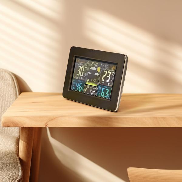 Funk-Wetterstation mit Farbdisplay, DCF-Uhr, Sensor, Thermometer, Barometer, Hygrometer, Mondphase. Präzise Wetterdaten & Wecker für Zuhause