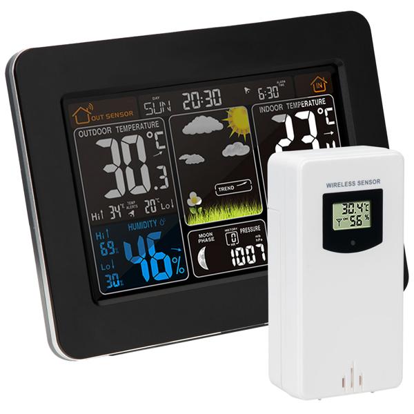 Funk-Wetterstation mit Farbdisplay, DCF-Uhr, Sensor, Thermometer, Barometer, Hygrometer, Mondphase. Präzise Wetterdaten & Wecker für Zuhause