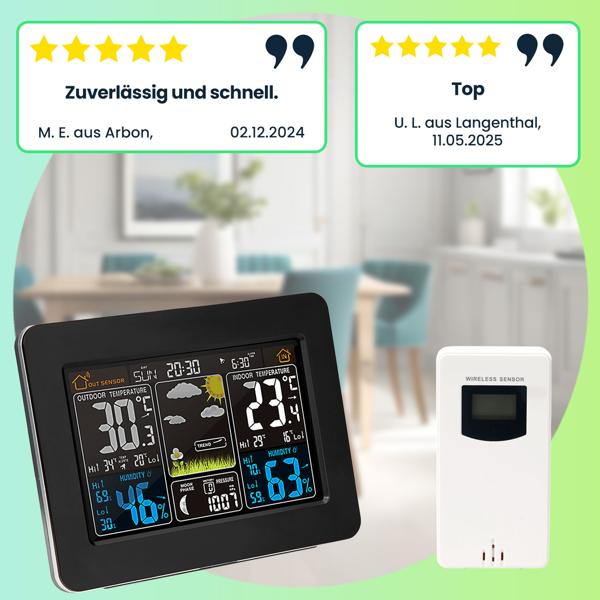 Funk-Wetterstation mit Farbdisplay, DCF-Uhr, Sensor, Thermometer, Barometer, Hygrometer, Mondphase. Präzise Wetterdaten & Wecker für Zuhause