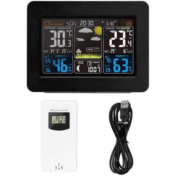 Funk-Wetterstation mit Farbdisplay, DCF-Uhr, Sensor, Thermometer, Barometer, Hygrometer, Mondphase. Präzise Wetterdaten & Wecker für Zuhause